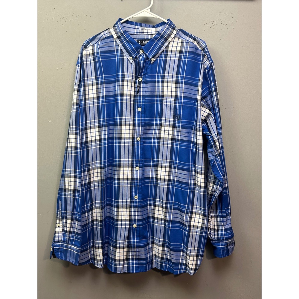 Chaps Mens XXL Blue Plaid Button Down Shirt‎ Easy Care Twill Long Sleeve Pocket